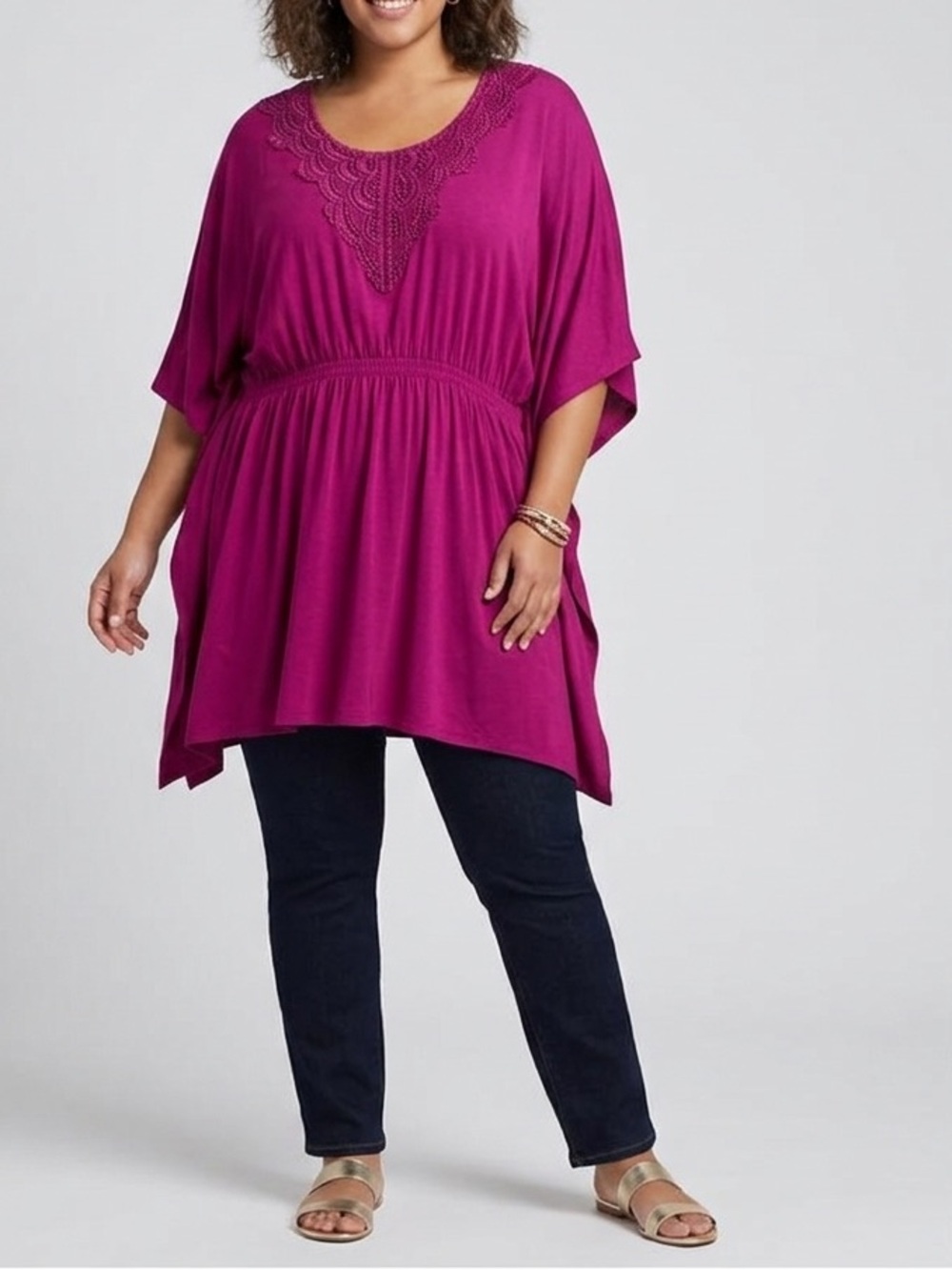 🔥$10 FINAL PRICE🔥 NWT Lane Bryant Magenta Purple Crochet Lace Neck Tunic Top❤️